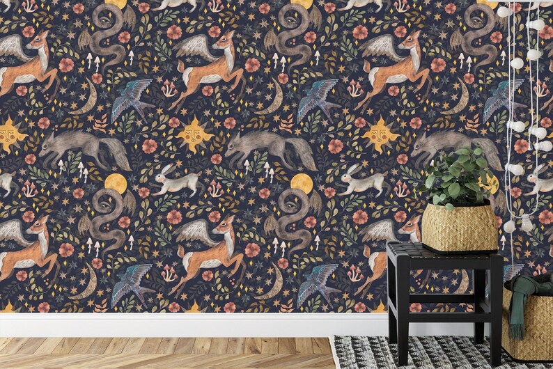 Watercolor Nursery Wallpaper Mural: Woodland Animals