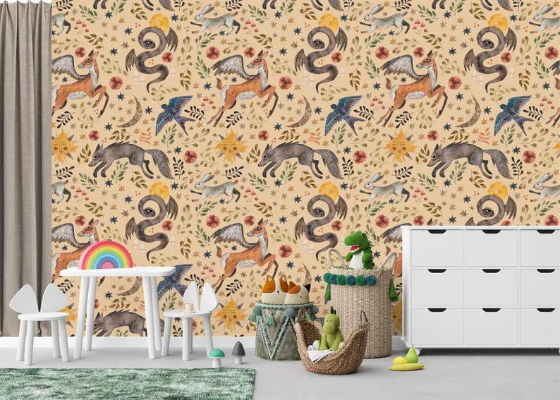 Watercolor Nursery Wallpaper Mural: Mythical Animals