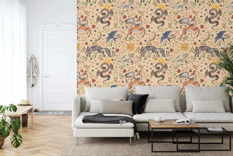 Watercolor Nursery Wallpaper Mural: Mythical Animals
