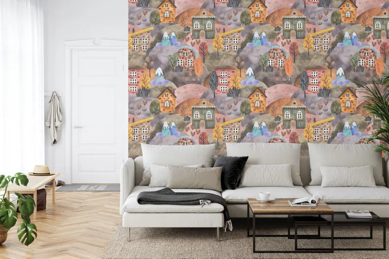 Watercolor Houses Wallpaper Mural, Nursery Kids Room Decor