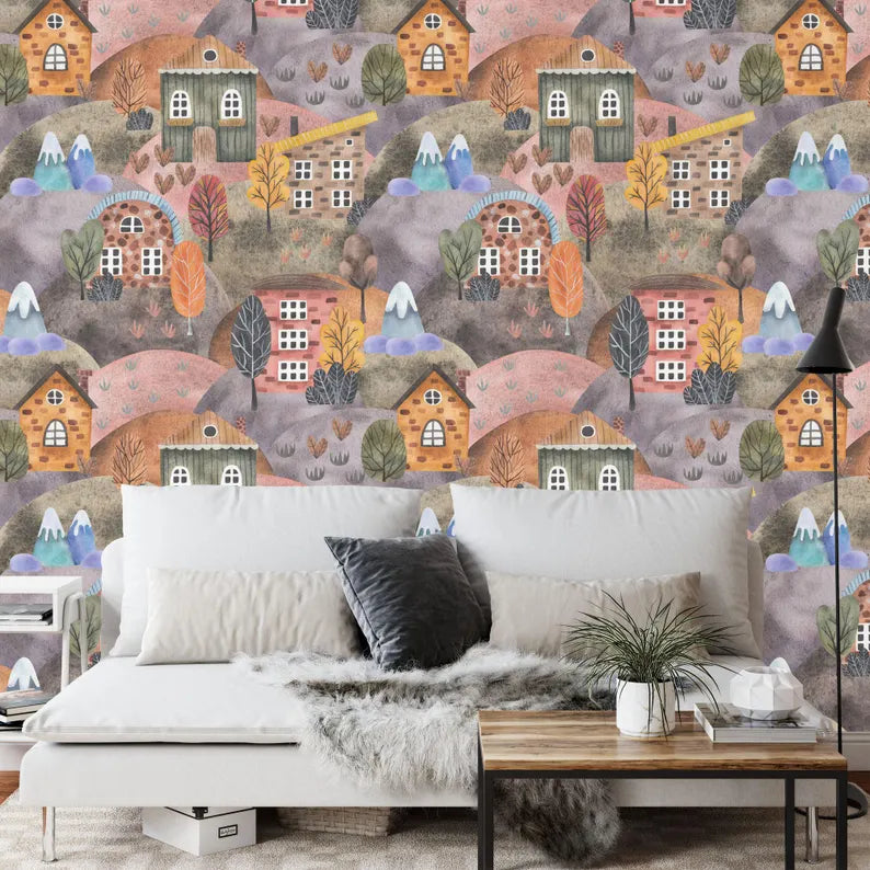 Watercolor Houses Wallpaper Mural, Nursery Kids Room Decor