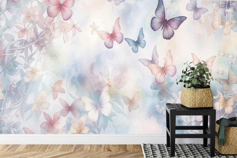 Butterfly Floral Wallpaper Mural Art Print