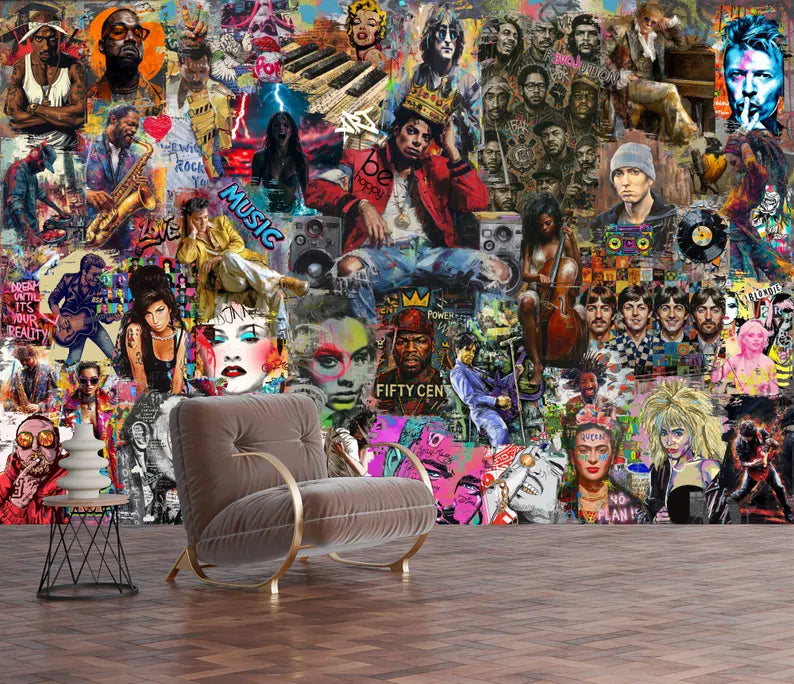 Pop Art Music Stars Graffiti Mural, Urban Wall Decor