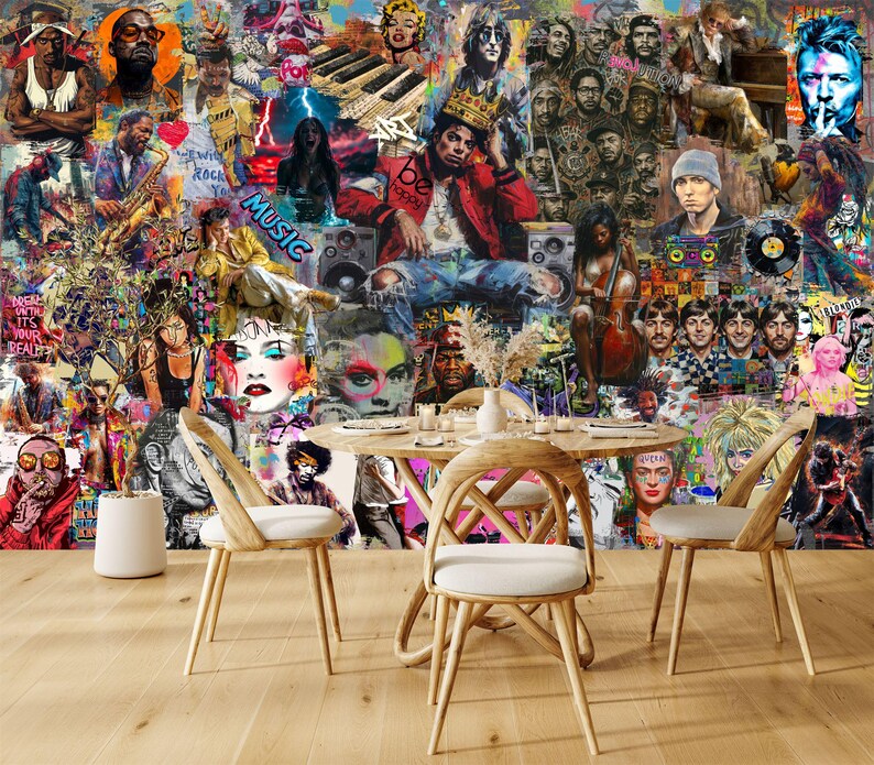 Pop Art Music Stars Graffiti Mural, Urban Wall Decor