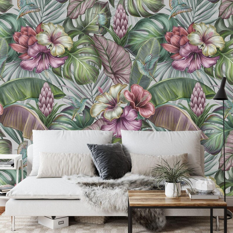 Vintage Tropical Hibiscus Floral Wallpaper Mural Art Print