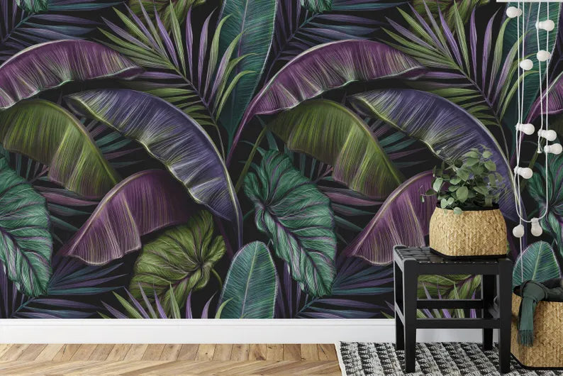 Tropical Banana Leaf Wallpaper Mural, Dark Vintage Pattern