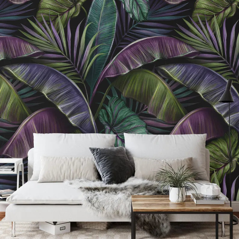 Tropical Banana Leaf Wallpaper Mural, Dark Vintage Pattern