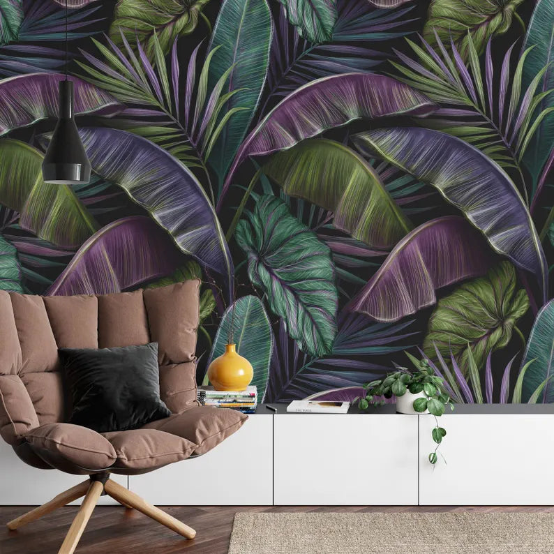 Tropical Banana Leaf Wallpaper Mural, Dark Vintage Pattern