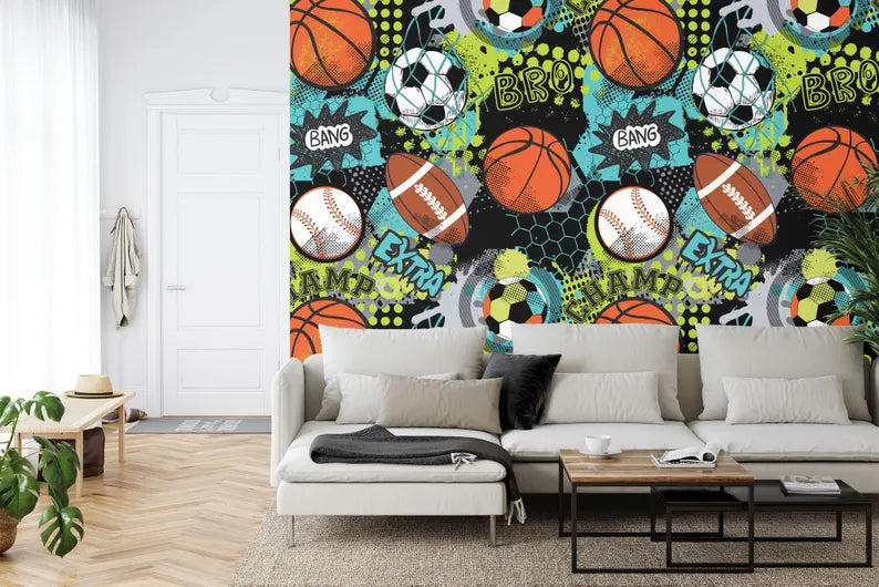 Sports Balls Wallpaper Mural, Boys Room Decor