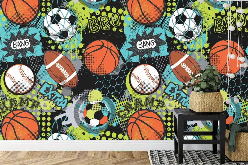 Sports Balls Wallpaper Mural, Boys Room Decor