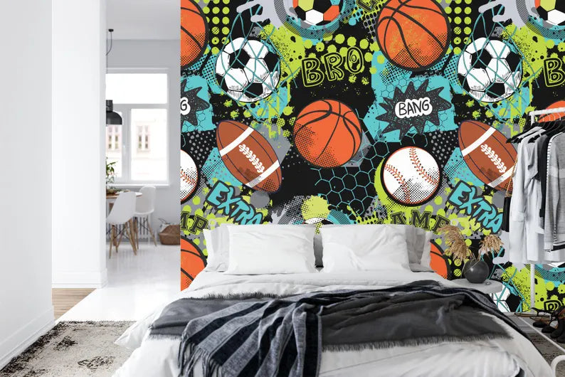 Sports Balls Wallpaper Mural, Boys Room Decor