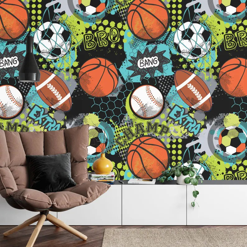 Sports Balls Wallpaper Mural, Boys Room Decor