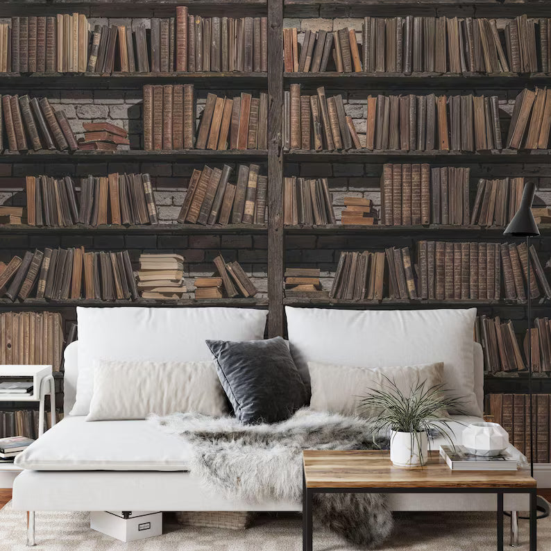 Vintage Bookshelf Wallpaper Mural Library Wall Decal