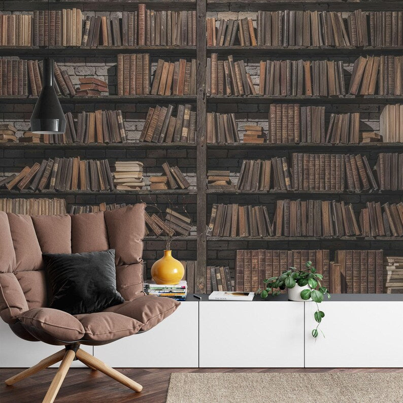 Vintage Bookshelf Wallpaper Mural Library Wall Decal