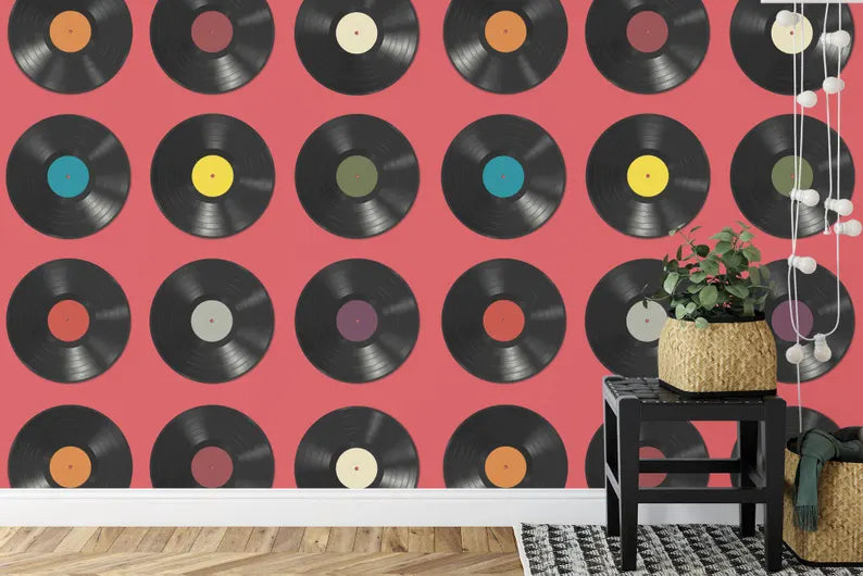 Vinyl Records Wallpaper Mural, Adjustable Background Color