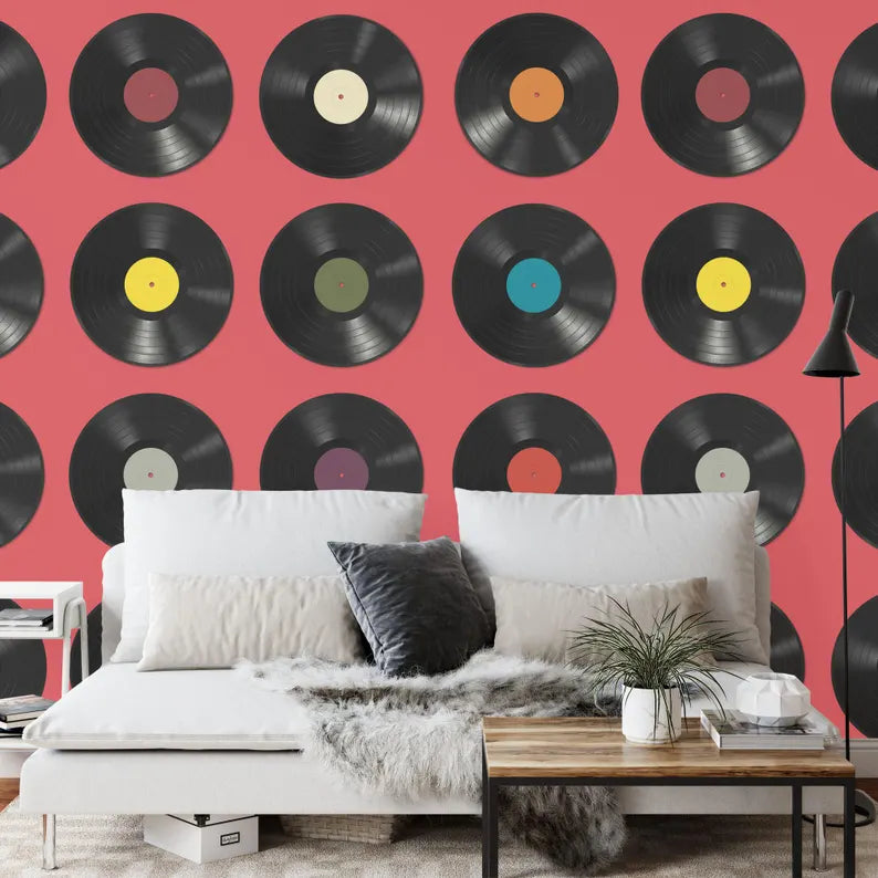 Vinyl Records Wallpaper Mural, Adjustable Background Color