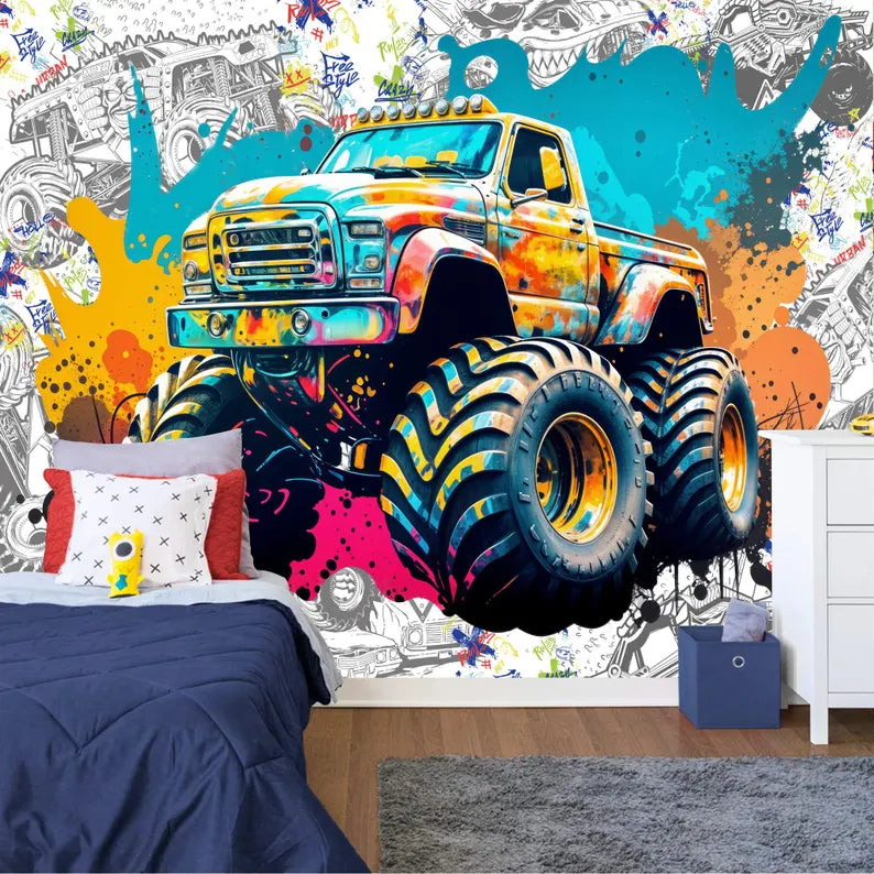 Monster Truck Watercolor Mural, Kids Room Decor