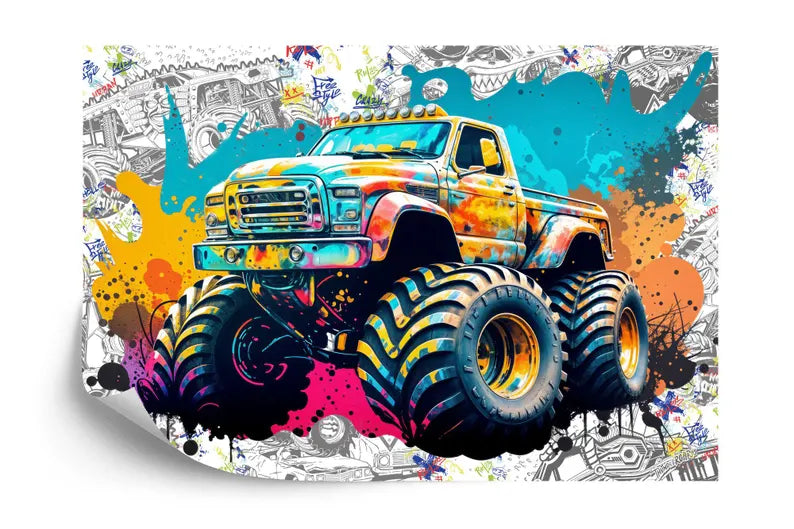 Monster Truck Watercolor Mural, Kids Room Decor