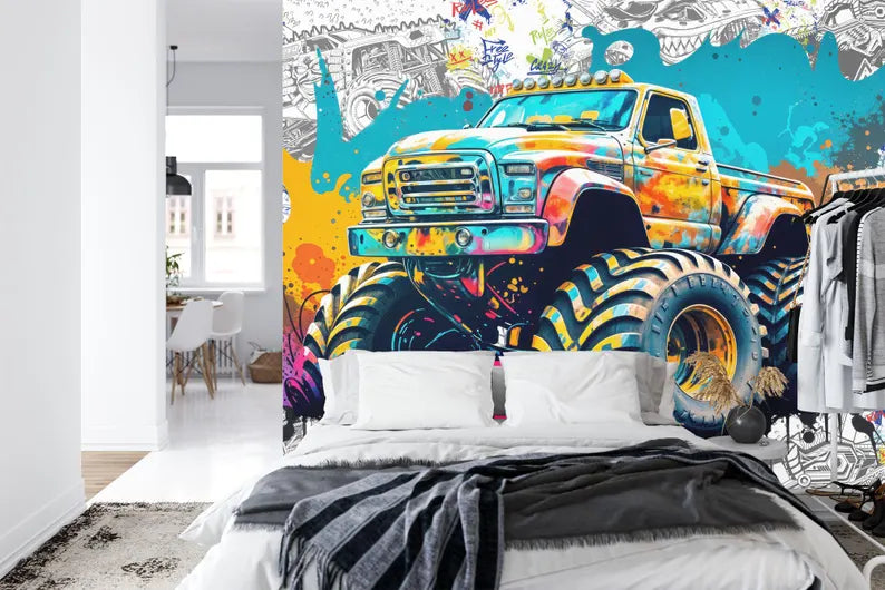 Monster Truck Watercolor Mural, Kids Room Decor