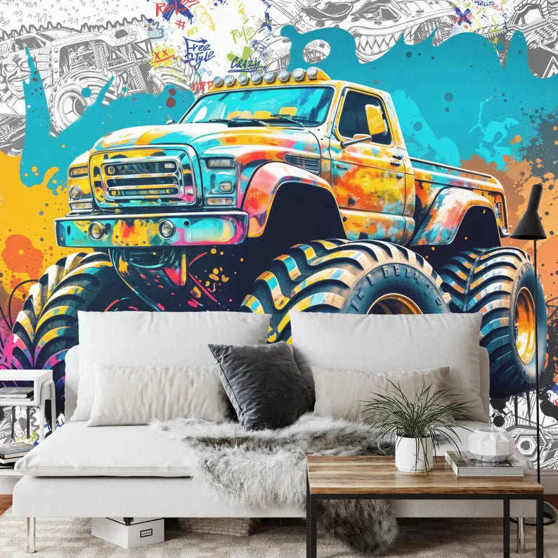 Monster Truck Watercolor Mural, Kids Room Decor