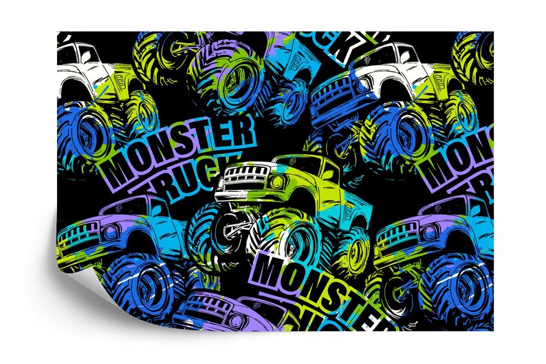 Monster Truck Watercolor Wallpaper Mural, Kids Room