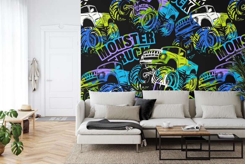 Monster Truck Watercolor Wallpaper Mural, Kids Room