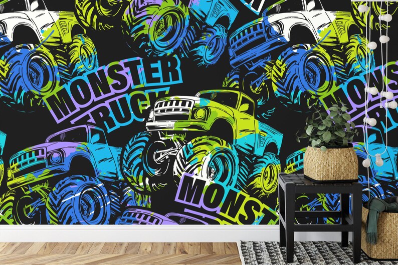 Monster Truck Watercolor Wallpaper Mural, Kids Room
