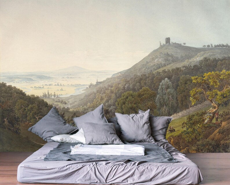 Vintage Mountain Landscape Mural, Rural Art Print