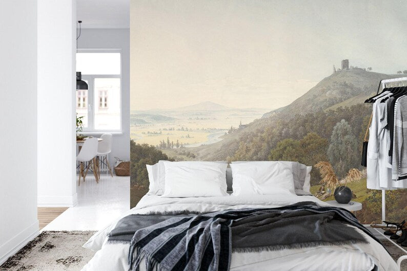 Vintage Mountain Landscape Mural, Rural Art Print