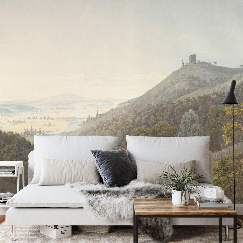 Vintage Mountain Landscape Mural, Rural Art Print