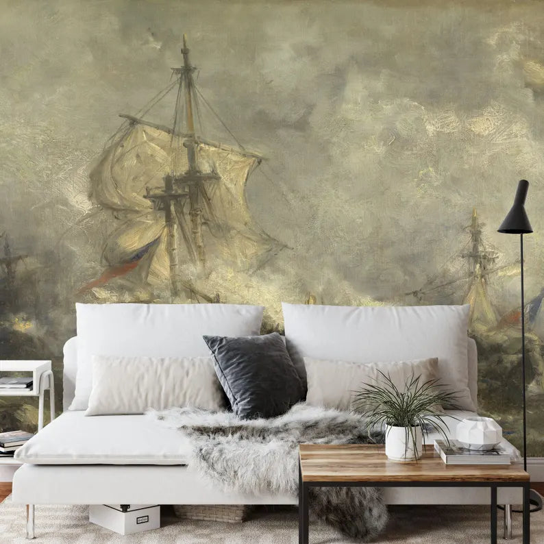 Vintage Ocean Ship Painting Wallpaper Mural