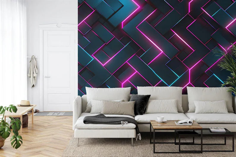 Neon Abstract Wallpaper Mural, Geometric Glowing Wall Decal