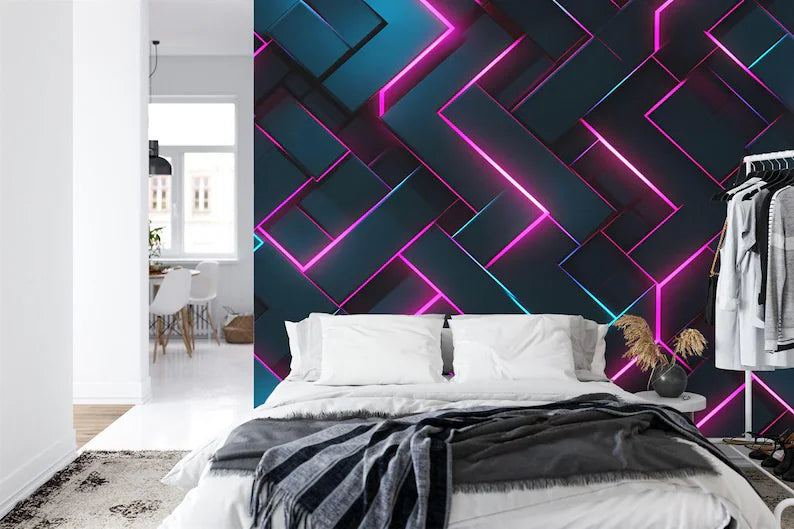 Neon Abstract Wallpaper Mural, Geometric Glowing Wall Decal