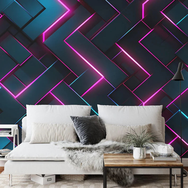 Neon Abstract Wallpaper Mural, Geometric Glowing Wall Decal