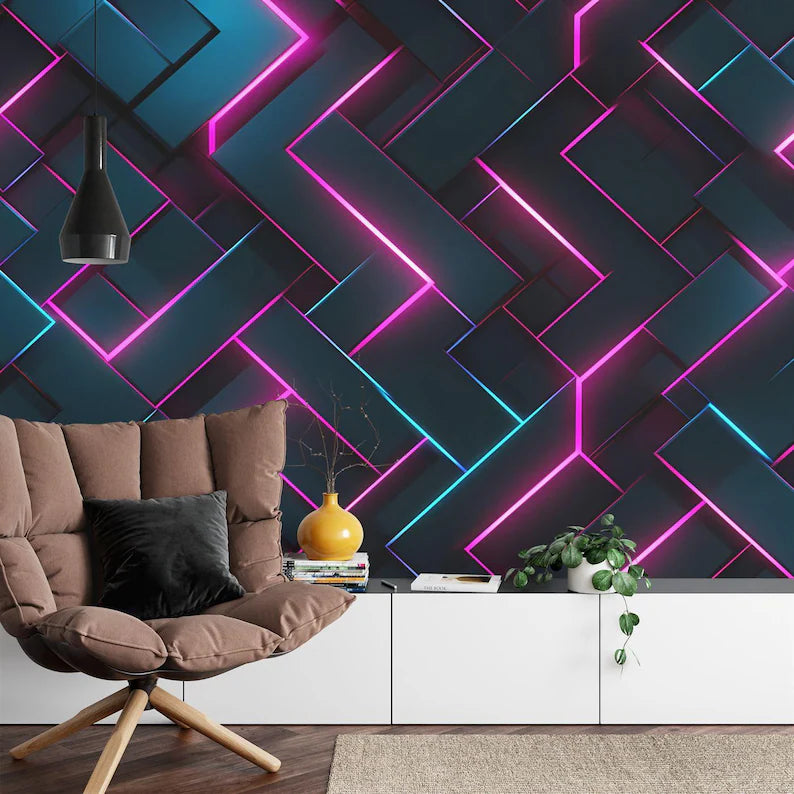 Neon Abstract Wallpaper Mural, Geometric Glowing Wall Decal