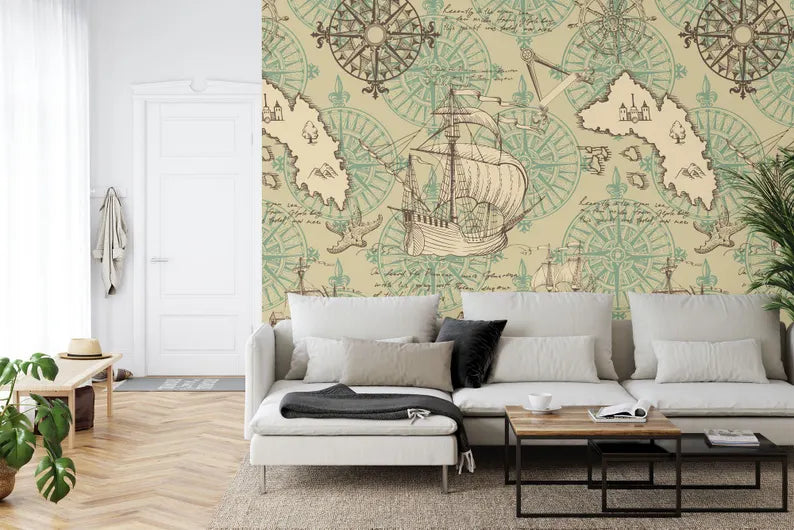 Nautical Map Wallpaper Mural,Wall Decal