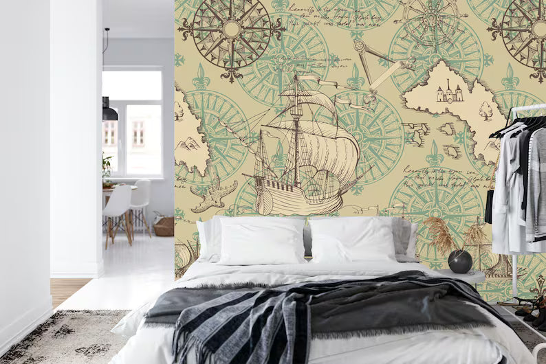 Nautical Map Wallpaper Mural,Wall Decal