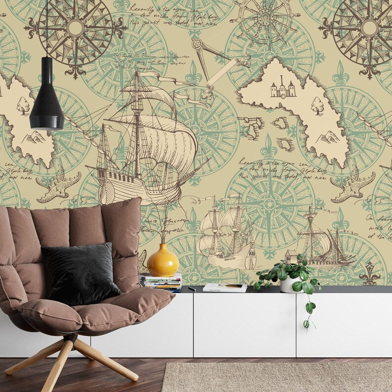 Nautical Map Wallpaper Mural,Wall Decal