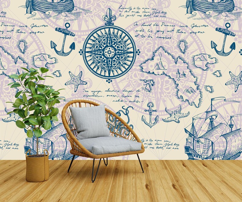 Nautical Map Mural, Vintage Captain's Log Wallpaper