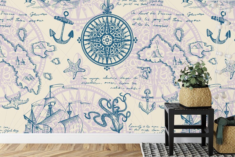 Nautical Map Mural, Vintage Captain's Log Wallpaper