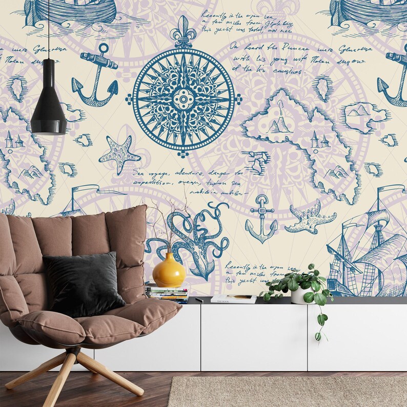 Nautical Map Mural, Vintage Captain's Log Wallpaper