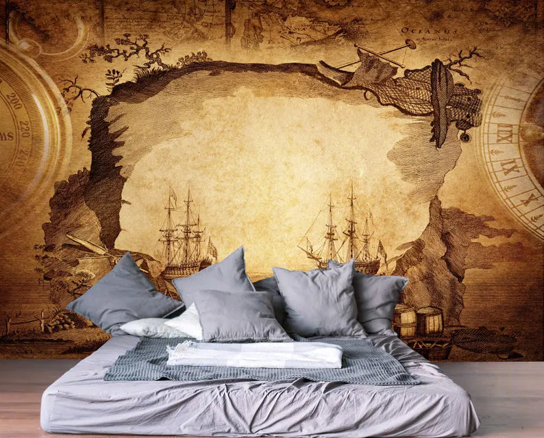 Nautical Map Wallpaper Mural, Vintage Captain's Log
