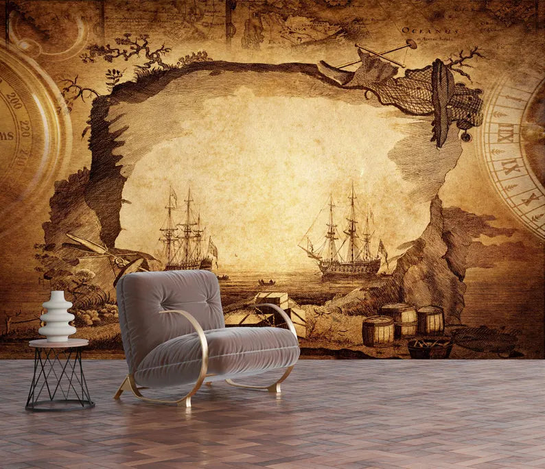 Nautical Map Wallpaper Mural, Vintage Captain's Log