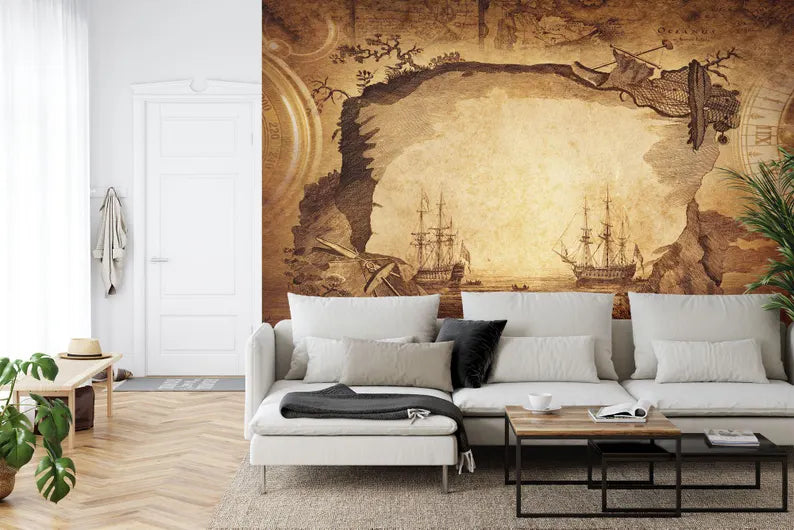 Nautical Map Wallpaper Mural, Vintage Captain's Log