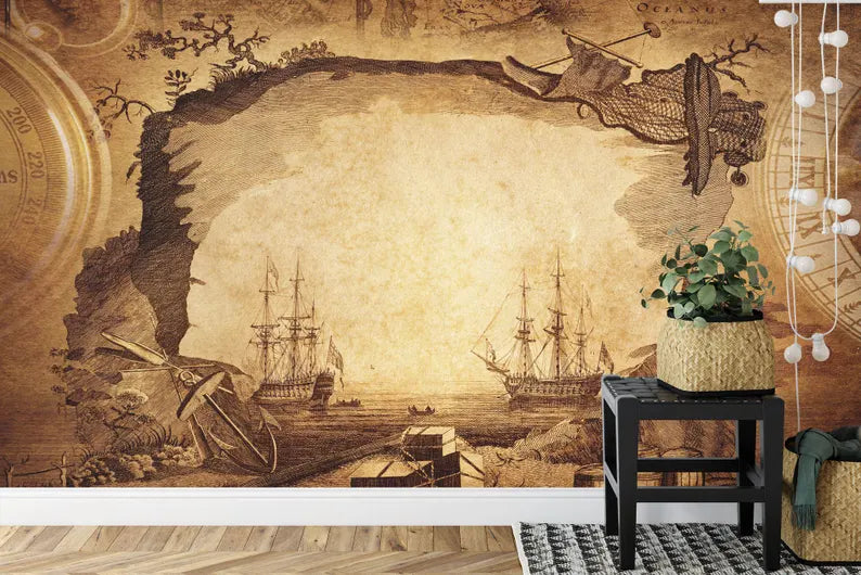 Nautical Map Wallpaper Mural, Vintage Captain's Log