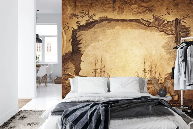 Nautical Map Wallpaper Mural, Vintage Captain's Log