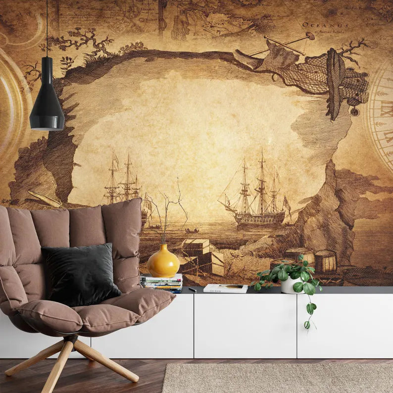 Nautical Map Wallpaper Mural, Vintage Captain's Log