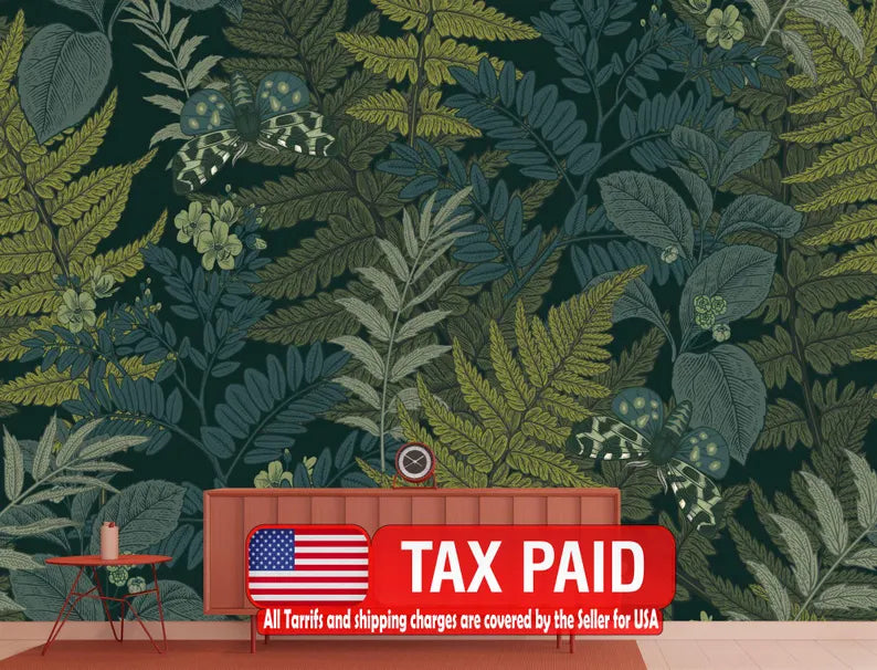 Fern Leaves and Butterflies Wallpaper Mural