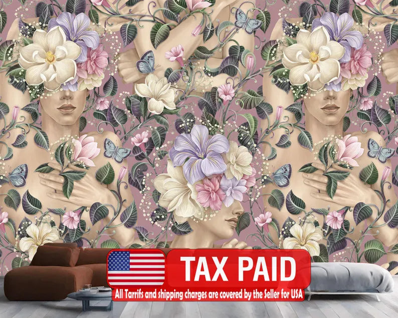 Tropical Floral Portrait Wallpaper Mural wallpaper mural showing the full design clearly for modern interior wall decor with