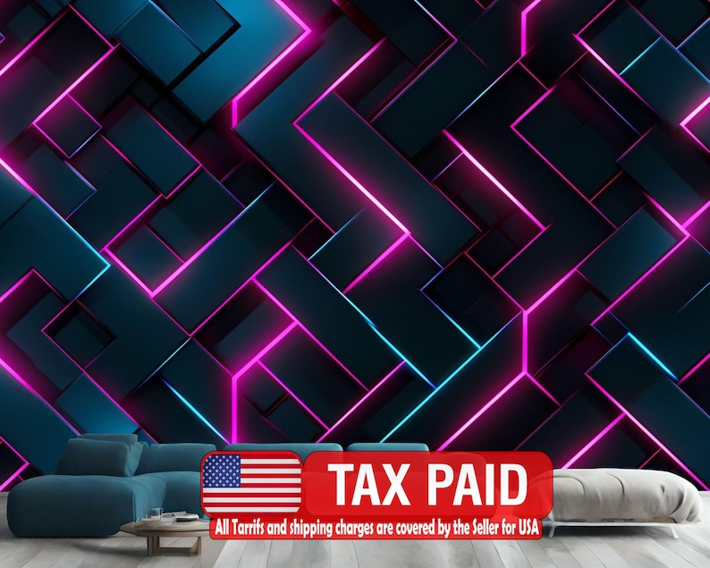 Neon Abstract Wallpaper Mural, Geometric Glowing Wall Decal